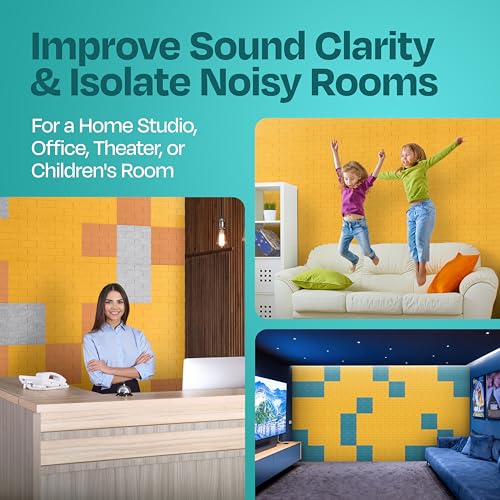 Image of Acoustic Wall Panels 18-Pack, 12 inchx12 inchx0.4 inch Decorative Self-Adhesive Sound Proofing | High Density 3D Brick Soundproof Absorbing Tiles for Walls, Home, Office & Studio - Yellow Orange Gold