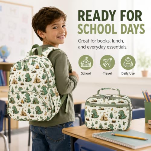 Image of LOIDOU Kids Backpack with Lunch Box Set, Toddler Preschool Boy Backpack with Chest Strap Kindergarten Backpack LunchBox Combo (Camping Dinosaur)