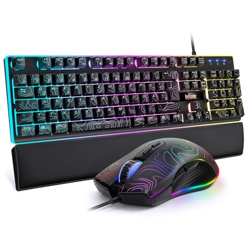 RedThunder K10 Gaming Tastatur und Maus Set, QWERTZ DE Layout, 26KRO Tastatur + 7D 7200 DPI Mause & Weiche Leder Handballenauflage, RGB Beleuchtung für PC Gamer, Mac PS5 Xbox (Höhenlinien Schwarz)