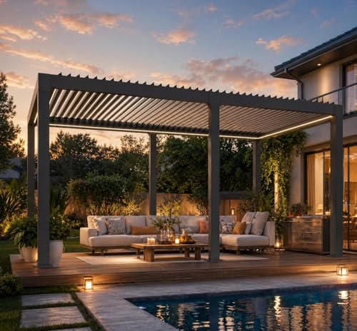 Image of 10X20 FT Louvered Pergola with Adjustable Roof, Integrated Drainage System, Easy Installation, Outdoor Pergola for Backyard, Garden, Poolside, Hardtop Gazebo