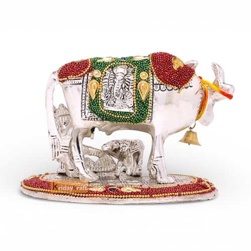 Image of KridayKraft Kamdhenu Cow,Calf with Bal Gopal Krishna Metal Statue for Good Luck,Feng Shui As Table Top Figurine,Vastu,Religious Gau MATA Idol Home,Office&Table Decorative,Animal