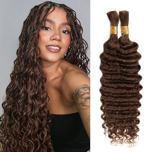 Human Braiding Hair 16 Inch 100g Chocolate Brown Deep Wave Bulk Human Hair for Braiding No Weft Curly Bundles Hair Extensions for Boho Knotless Wet