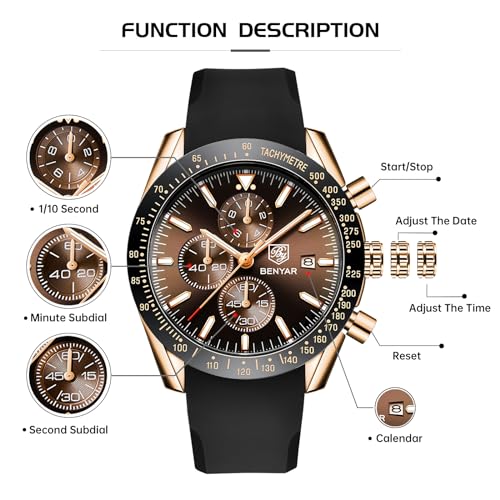 Image of BENYAR Men's Watches Chronograph Watch for Men Multifunction Black Waterproof Sport Fashion Quartz Wristwatches Calendar with Stainless Steel Strap