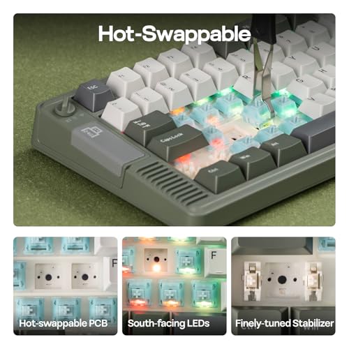 Image of EPOMAKER RT85 Wireless Mechanical Keyboard with Joystick & DIY Screen, 8000mAh, BT /USB /2.4Ghz, Gasket, Hot-Swap, PBT Keycap, 75% Gaming Keyboard (Army Green, Crystal Tactile)