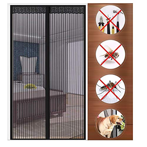 GUOGAI Mosquitera Puerta Magnetica 75x205cm(30x81inch) Mosquiteras Enrollables Pegado sin Taladrar Sin Huecos para Sala de Estar Balcón, Negro