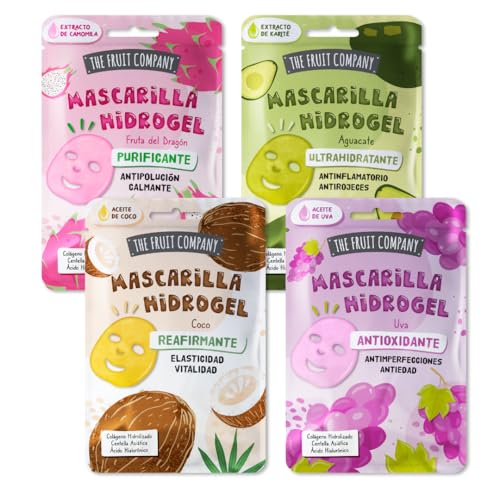 The Fruit Company - Mascarillas Faciales Hidrogel con Colágeno Hidrolizado, Centella Asiática y Ácido Hialurónico. 4 tipos. Reafirmante, Purificante, Ultrahidratante y Antioxidante. (4 uds.)