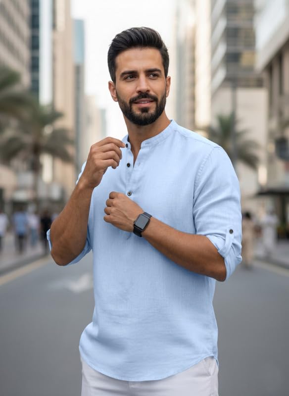 Image of Men Cotton Blend Mandarin Collar Casual Kurta Shirt | Roll-Up Sleeves | Regular Fit Ethnic Short Kurta for Daily