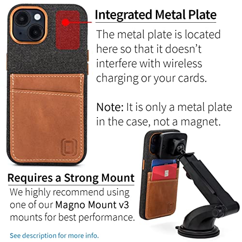 Image of Dockem Fabric Card Case for iPhone 14 with Built-in Metal Plate for Magnetic Mounting, Stitched-on Genuine Leather Wallet with 2 Credit Card /ID Slots: M2F [Grey and Light Brown]