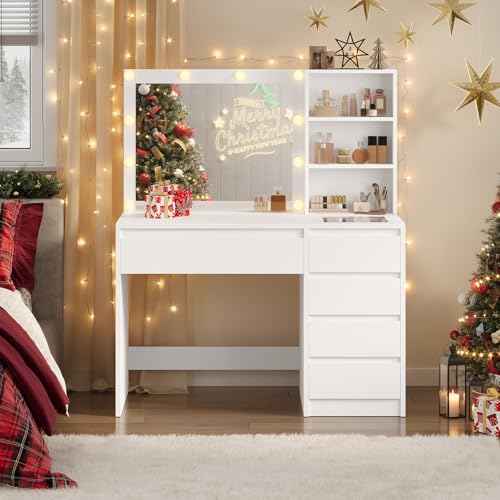Schminktisch mit Beleuchtung, Schminktisch mit Schmucktablett, Einstellbare Helligkeit, Kosmetiktisch mit Steckdosen, Schminktische mit Spiegel, Frisiertisch mit 5 Schubladen, 3 offene Fächer, Weiß