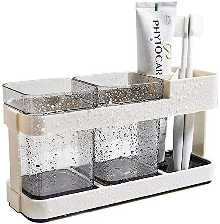 Toothbrush Holder with Two Rinsing Cup, Plastic Bathroom Toothpaste Holder, Multi-Functional 4 Slots Electric Toothbrush Holder for Vanity,Sink,Countertop, Black/Clear…
