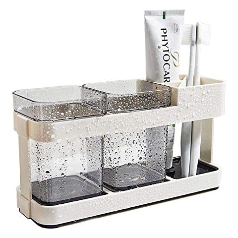 Toothbrush Holder with Two Rinsing Cup, Plastic Bathroom Toothpaste Holder, Multi-Functional 4 Slots Electric Toothbrush Holder for Vanity,Sink,Countertop, Black/Clear… Cover