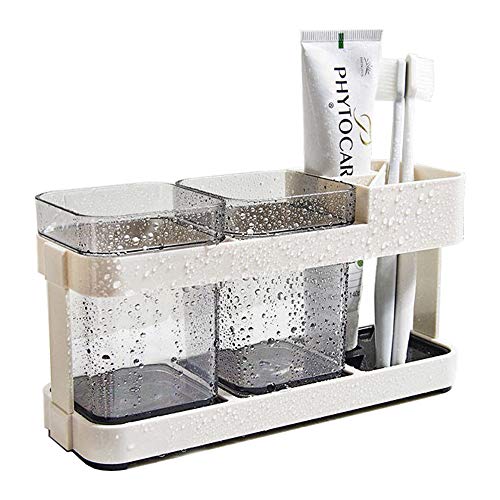 Toothbrush Holder With Two Rinsing Cup, Plastic Bathroom Toothpaste Holder, Multi-Functional 4 Slots Electric Toothbrush Holder For Vanity,Sink,Countertop, Black/Clear… #TOP12