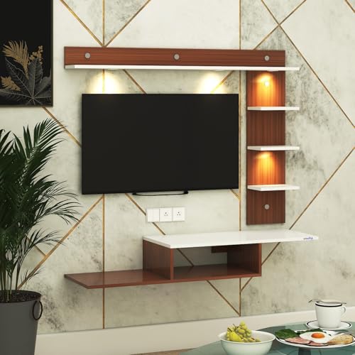 Image of Wintor Engineered Wood Wall Mounted TV Unit with 4 LED Lights, 3 Open Shelves, 1 Storage Box & Decorative Display Shelf for Living Room | Ideal for Upto 43 Inch TV- Walnut /White(DIY Assembly)
