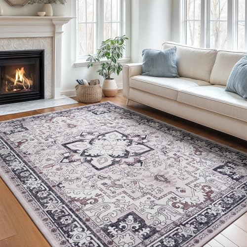 5x7 Area Rugs, Vintage Washable Area Rug for Living Room, Floral Boho Area Rugs for Bedroom, Office, Non-Slip Colorful Rug, Traditional Vintage Style, Plush Low-Pile Soft Carpet, Black and Pink