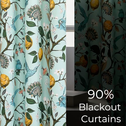Image of Topfinel 90 Inches Long Curtains Mint Green Whimsical Woodland Leaf Jungle Flower Hummingbird Victorian Grommet Thick Sage Green Curtains for Balcony Sliding Glass Office Bedroom Living Room