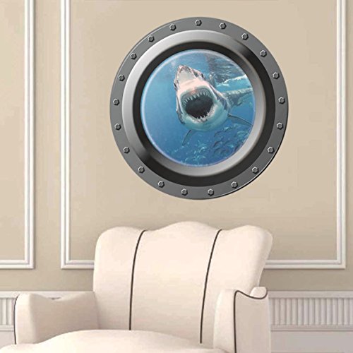 Dnven Shark Porthole Decals Port Scape Instant Sea Undersea Peel And Stick Shark 3D Window View Wall Arts Decors Removable Stickers Jaws Wall Decal 17 Inches X 17 Inches #TOP1