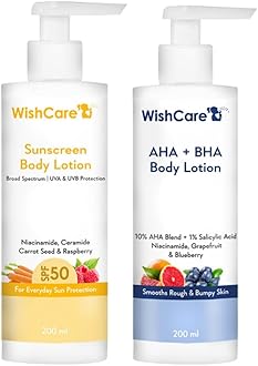 WishCare All Skin De-Tan Combo - AHA BHA Body Lotion & SPF50 Sunscreen Lotion 200ml Each