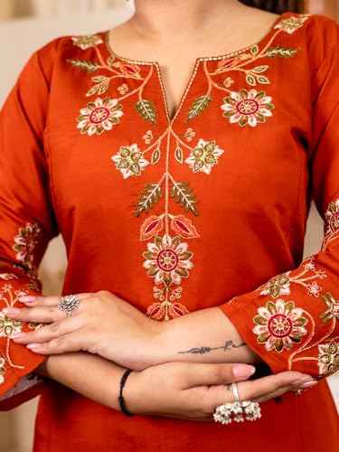 Image of VredeVogel Women's Silk Blend Embroidered Anarkali Kurta with Pant & Dupatta Set | Festive & Casual Women Ethnic Kurta Set for Women
