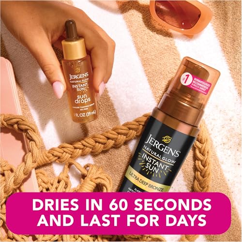 Image of Jergens Natural Glow Instant Sun Body Mousse, Self Tanner for Ultra Deep Bronze Tan, Sunless Tanning Body Bronzer, Natural Looking Fake Tan, 6 Oz