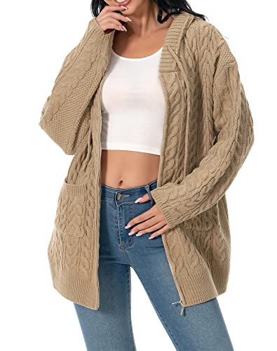 shineflow Cardigan à Capuchon pour Femmes Super Grand Cardigan à Fermeture éclair Pull Solide Pull Gilet décontracté Tricot (Kaki,L) Cover