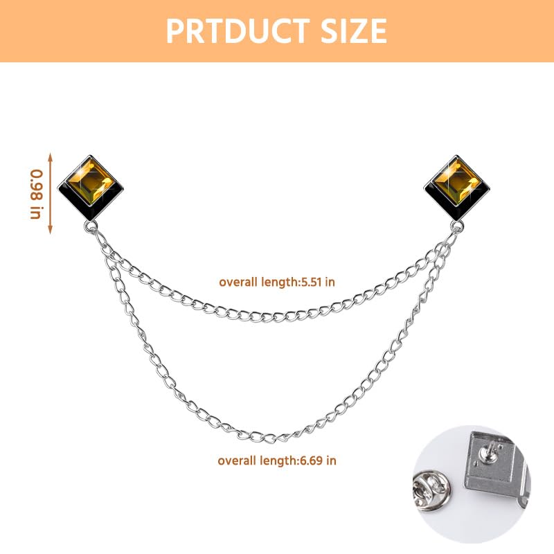 Image of Gem Brooch Pins Hanging Chain Lapel Pin for Men Suits Shirt Collar Brooch Square Crystal Brooch Pin Rhinestone Lapel Pins for Men Tassel Chain Brooch Collar Pins Business Suit Shirt Accessories