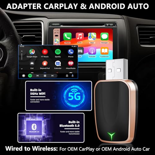 Image of Wireless Carplay Adapter, Android Auto for Car, 2 in 1 Convert Wired to Wireless, Plug & Play with 5G WiFi & Bluetooth 5.0, Compatible with iPhone /Android for 98% Vehicles (Gold)