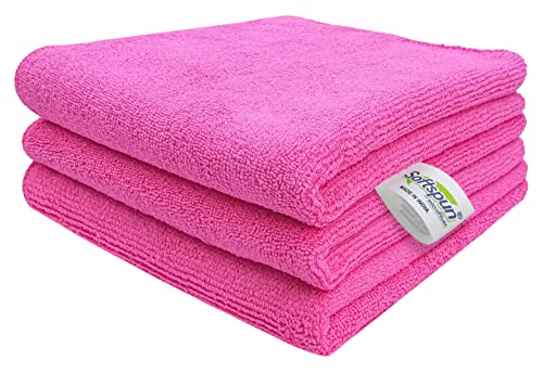 Image of SOFTSPUN Microfiber Cleaning Cloths, 50X50 cms 3pcs Towel Set 340 GSM Pink! Highly Absorbent Lint and Streak Free Multi-Purpose Wash Cloth for Kitchen Car Window Stainless Steel Silverware.