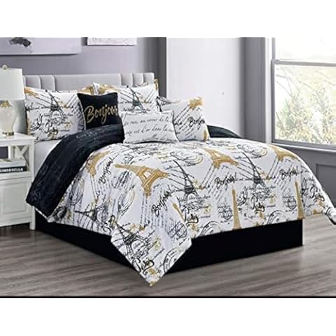 LinenTopia California King Size Paris Bedding Comforter Set – Elegant 7-Piece Cozy Bed Set with Lightweight Comforter for Guestroom or Master Bed, Bedroom Décor Aesthetic, Easy to Clean, Black/Gold Cover