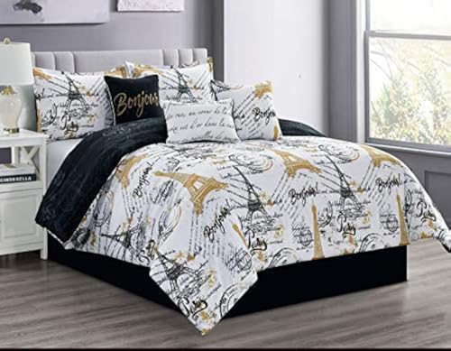 LinenTopia California King Size Paris Bedding Comforter Set – Elegant 7-Piece Cozy Bed Set with Lightweight Comforter for Guestroom or Master Bed, Bedroom Décor Aesthetic, Easy to Clean, Black/Gold