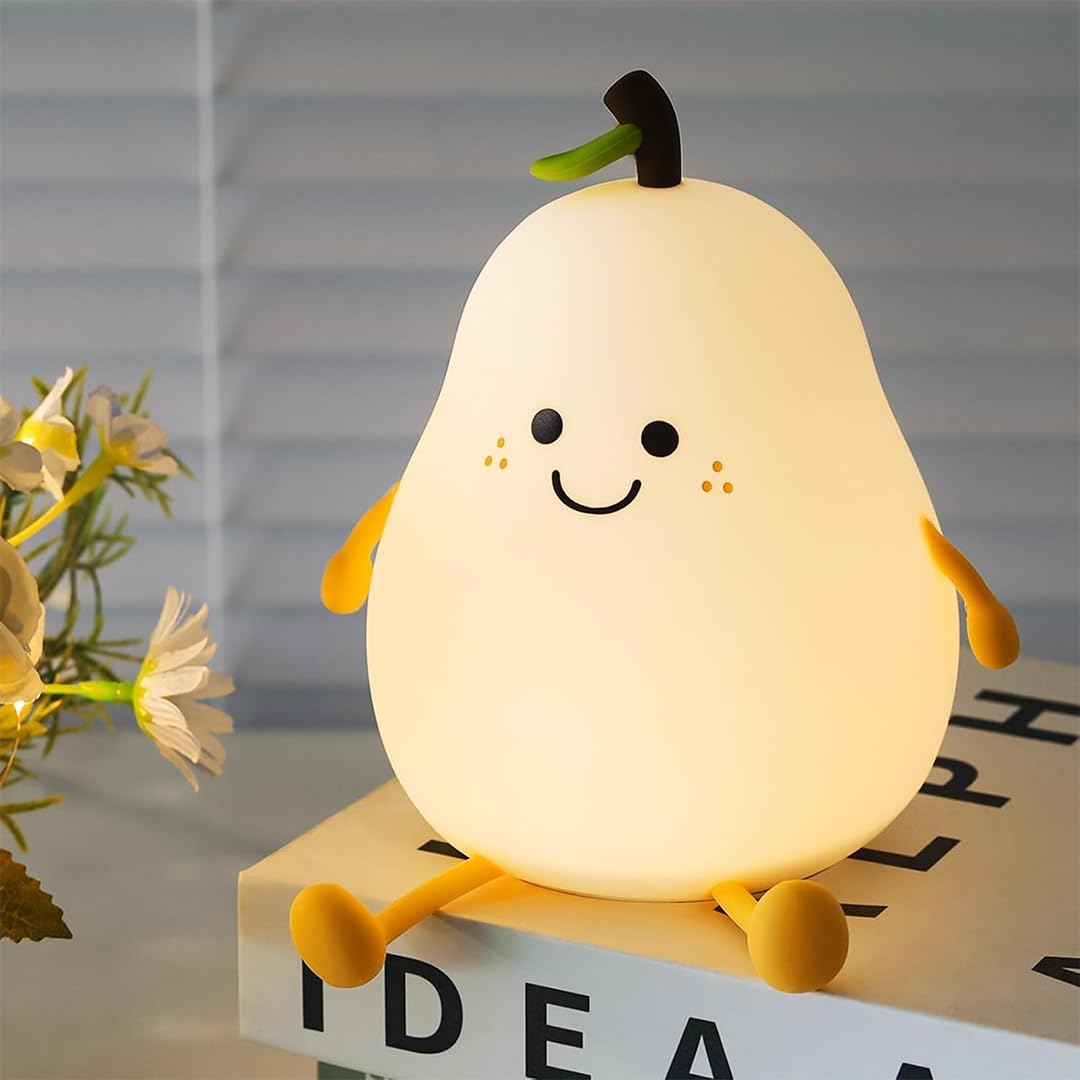 fizzytech Rechargeable Silicone Pear Night Lamp, 7 Color Changing LED Night Light for Kids Bedroom, Touch Sensor Bedside Lamp, USB Portable Room Decor Light for Kids and Couples