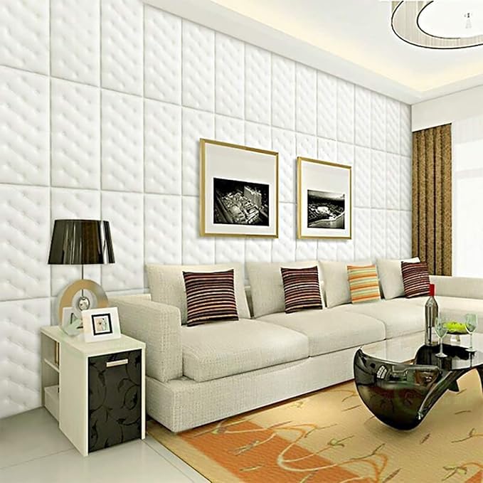 STL 3D Self Adhesive Foam White Panels for Walls, Self Adhesive PE Foam Soft Cushion DIY Wall Stickers for Home, Hotel, Living Room, Bedroom, Cafe Décor (Pack of 2)