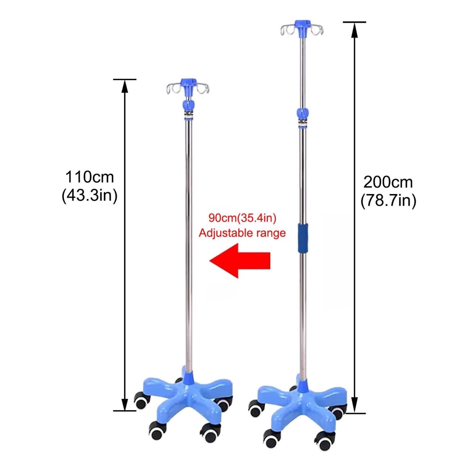 Portasueros médico con ruedas de acero inoxidable Soporte para suero | Soporte intravenoso ajustable de 1,5-2 m de altura con 4 ganchos for hogar hospitalario
