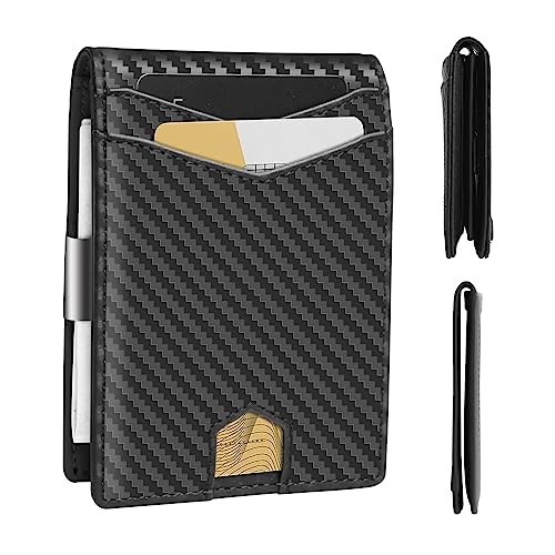 Slim Wallet for Men Carbon Fiber Money Clip RFID Blocking Bifold 2 in 1 Credit Card Holder for Men with Gift Box 2 ID Windows 10 Card Holders(Carbon Black)