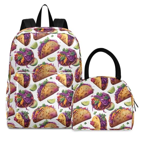 Anime Taco Print Backpack Set with Lunch Bag, Large Capacity Travel Backpacks and Lunch Box Insulated for Commute Hiking Picnic