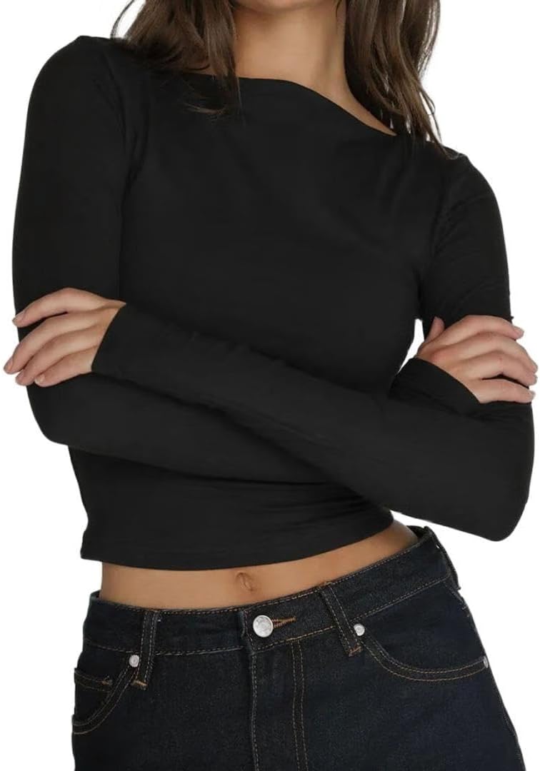 FMCHICO Women's Basic Plain Tee Shirts Fall Long Sleeve Crewneck Dressy Casual Blouse Tops