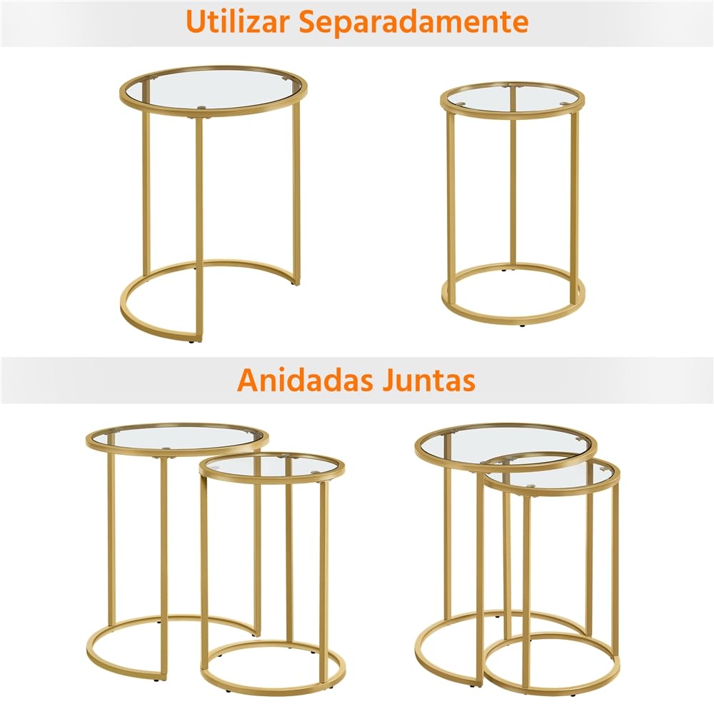 Yaheetech Juego de Mesas de Centro Redonda Mesita Auxiliar de Cristal Mesas Nido Salon con Marco de Acero Mesa de Café Apilables para Salón 49,5x49,5x59 cm