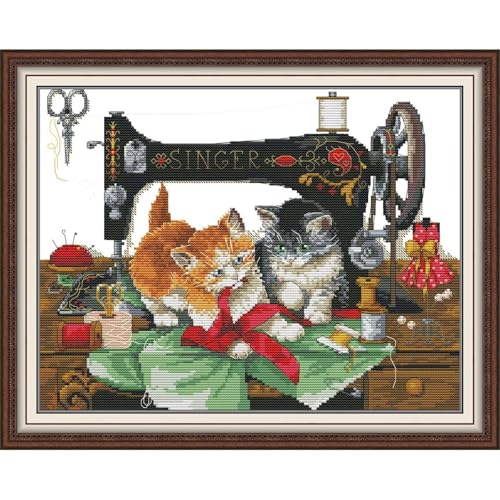 Image of Stamped Cross Stitch Kits Full Range of DIY Needlepoint for Adult Beginners Pattern, for Gift and Home Decor 14CT 2 Strands Kitten and Sewing Machine,15x12.2 inch