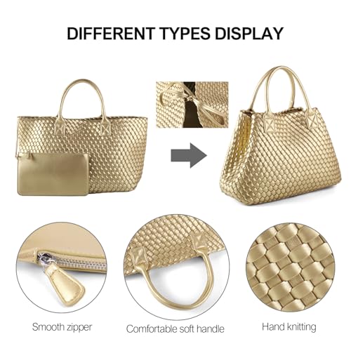 Image of Woven Vegan Leather Tote Bag for Women Retro Handwoven Shoulder Travel Handbag Large Capacity Hobo Bags with Purse (Gold)