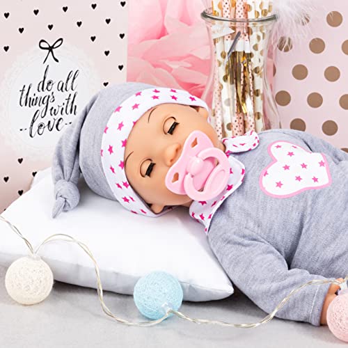 Bayer 93809AL Design Doll: Interactive Tears Baby - Grey, Pink, Hearts - 15 Inch (38Cm) Soft Baby Doll W/Sound Function, Real Tears, Sleeping Eyes, Included Accessories Pacifier thumb #1