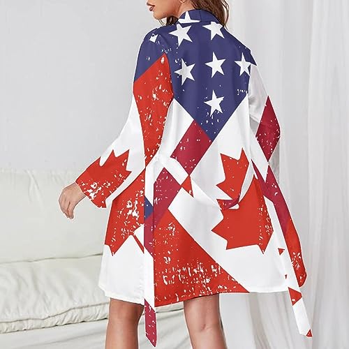 Retro America Canada Flag Bathrobe for Women Soft Lightweight Knee Length Loungewear Spa Bathrobe Long Sleeved Nightgown L - Image 4