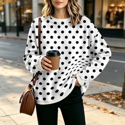 Waffle Knit Oversized Sweatshirt for Women Crew Neck Polka Dot Layered Tops - image 5