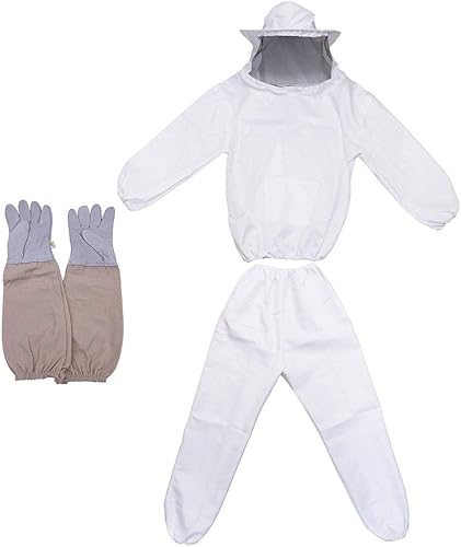 Traje de guarda de abejas, equipo de apicultura, traje protector con capucha de velo (chaqueta, pantalones, guantes), color blanco, Blanco