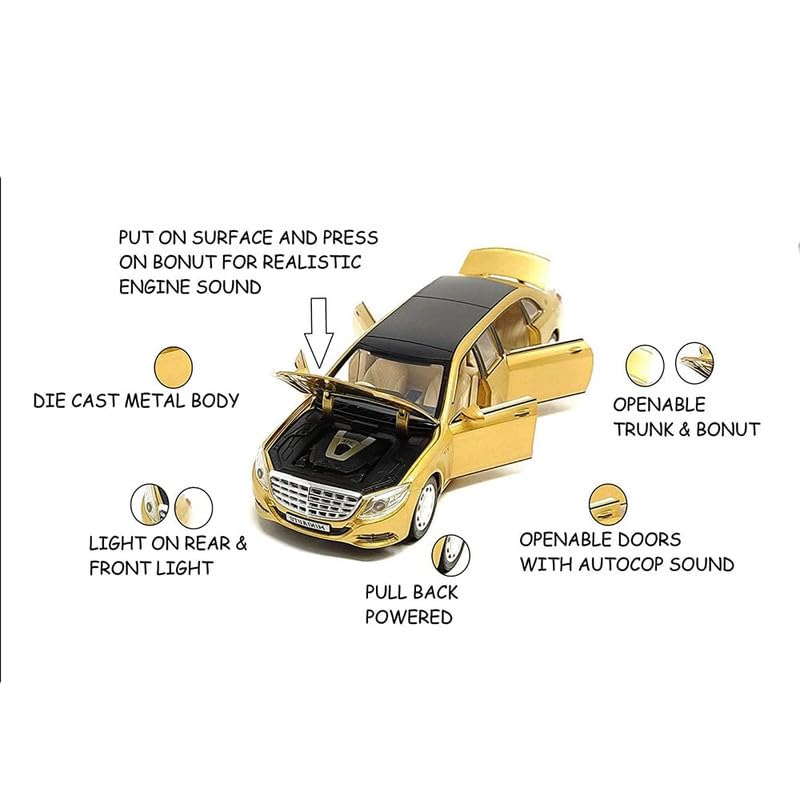 Image of Kids Model 1:24 Maybeach Die Cast Metal Car Pull Back Action Opening Doors with Realistic Engine Sound Lights Toy Car Gift for Boys - Multi