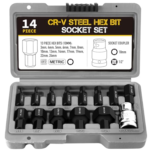 14 Pièces Jeu de Douilles 6 pans, Douille Allen 3, 4, 5, 6, 7, 8, 10, 12, 14, 17, 19, 22, 24 mm,...