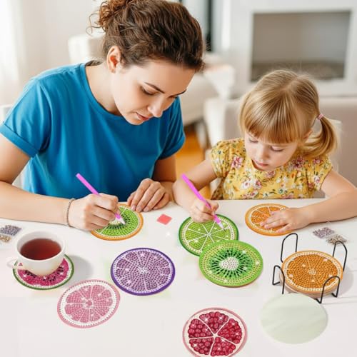 Image of HASTHIP DIY Diamond Painting Coasters Set of 8 with Holder - Fruit Theme Home Decor Coasters for Dining Table,Ideal Gift for Women DIY Diamond Art Crafts Projects Gift Women Handmade