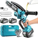 SEESII Mini Chainsaw Cordless 6 Inch with 2×4000mAh Batteries, Electric Saws for Tree Branches, Battery Powered Handheld Small Chain Saws for Limb Trimming Cutting,Gift for Men Dad Husband