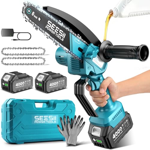 Seesii Mini motosierra inalámbrica de 15,24 cm con 2 pilas de 4000 mAh, sierras eléctricas para ramas de árboles, pequeñas motosierras de corte de extremidades, regalo para hombres, padre