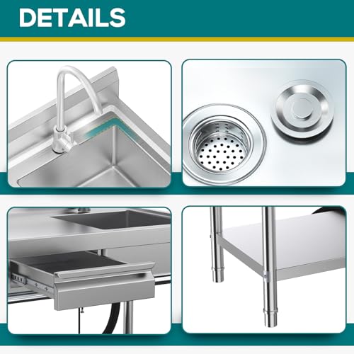 Stainless Steel Utility Sink, Commercial Kitchen Sink, 40\'\' Free Standing Single Bowl Sink with Drawer & Cold and Hot Water Pipe for Kitchen Laundry Room Farmhouse Indoor and Outdoor - Thumbnail 4