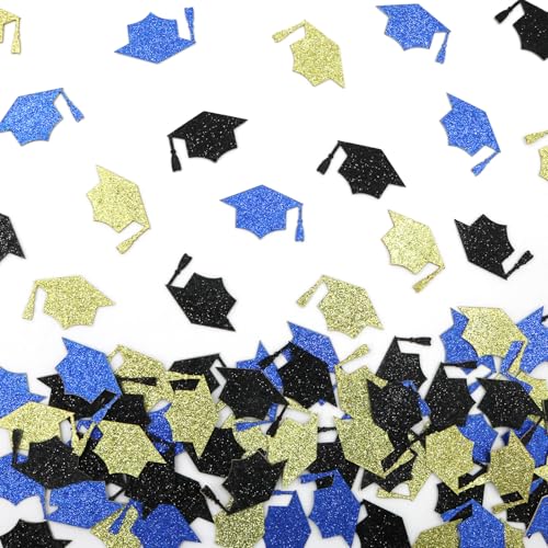 Image of 200PC Black Blue Gold Grad Cap Graduation Confetti for Table Glitter Graduation Hat Table Scatter for Class of 2026 Grad Party Decorations