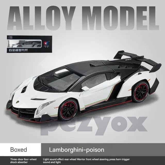 Image of Diecast Car for Lambo Veneno Model Car 1 /24 Scale Sports Toy Vehicle Door Can be Opened Toy Car Front Wheel Steerable (White)